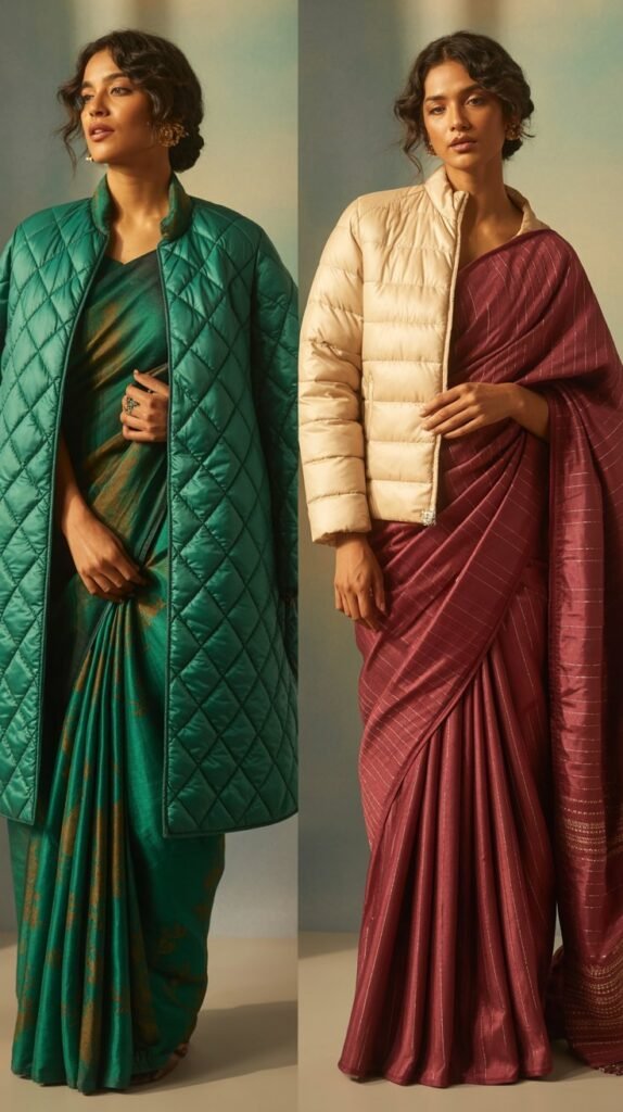 Quilted Jacket Over Saree