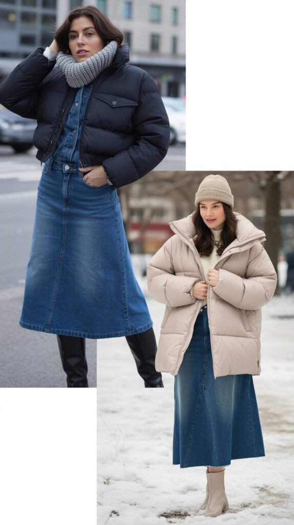 Denim Midi Skirt with Puffer Jacket