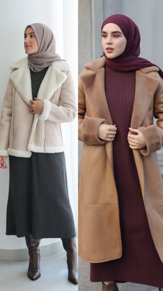 Shearling Jacket Over Knit Dress