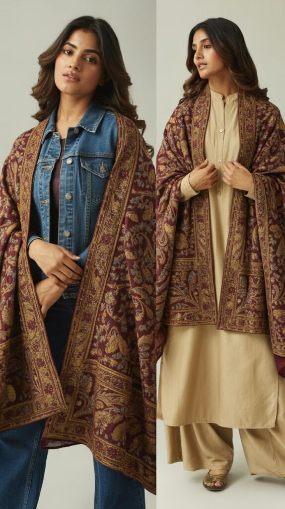 Embroidered Shawl with Jeans and Kurta