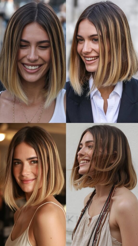 tacked Long Bob with Angled Bangs