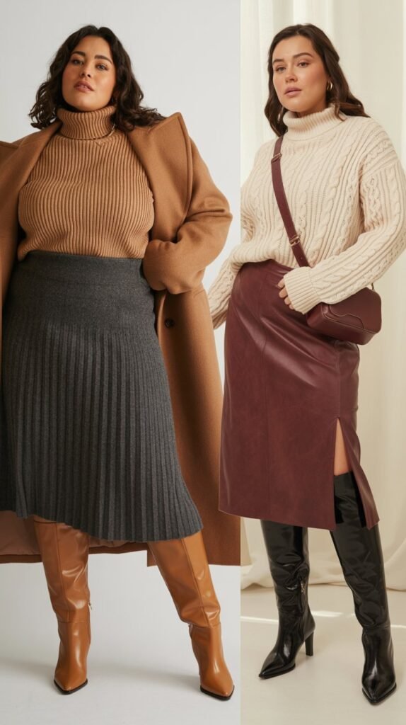 Midi Skirt with Sweater and Tall Boots Combination