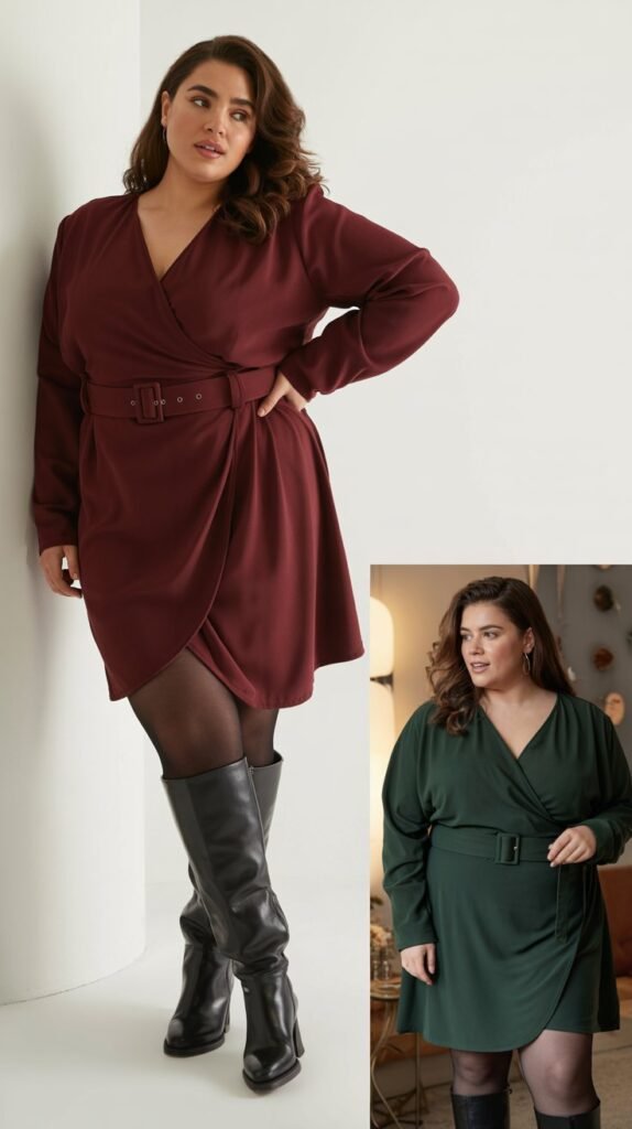 Belted Wrap Dress with Tights and Boots
