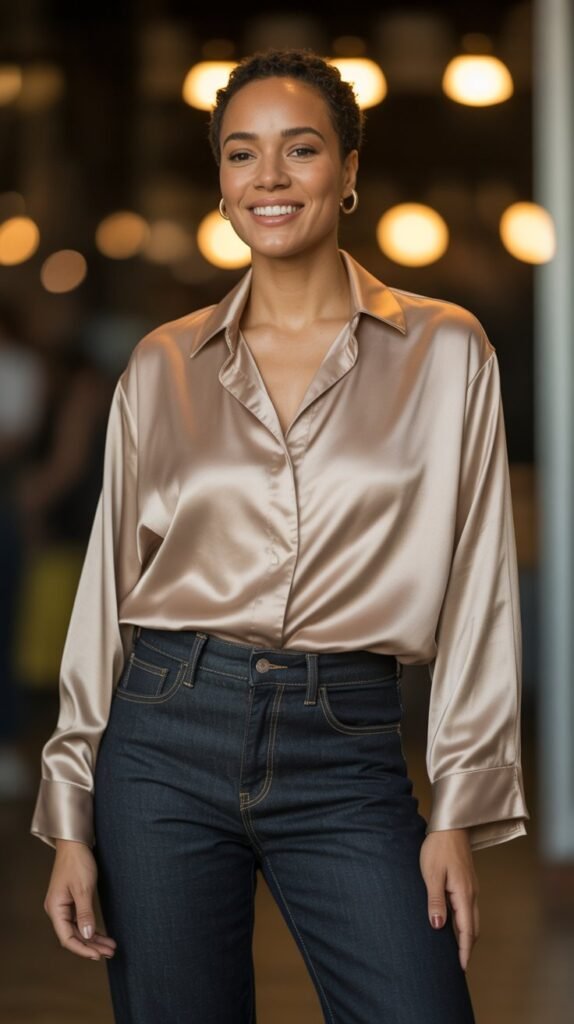  Satin Blouse with Dark Denim