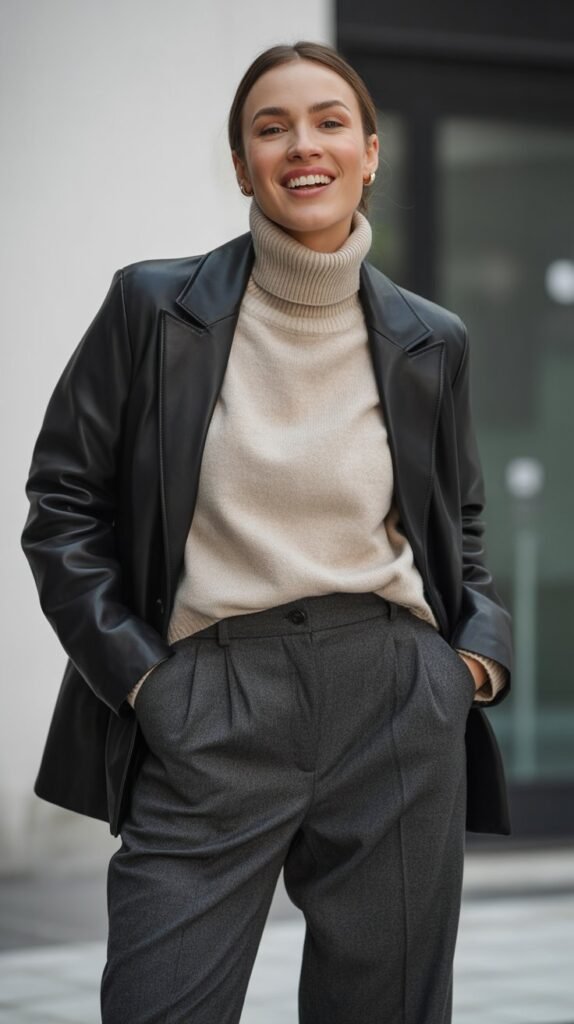 Leather Blazer with Turtleneck and Trousers