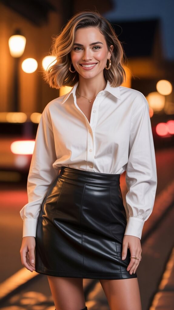  Button-Down Shirt with Leather Skirt