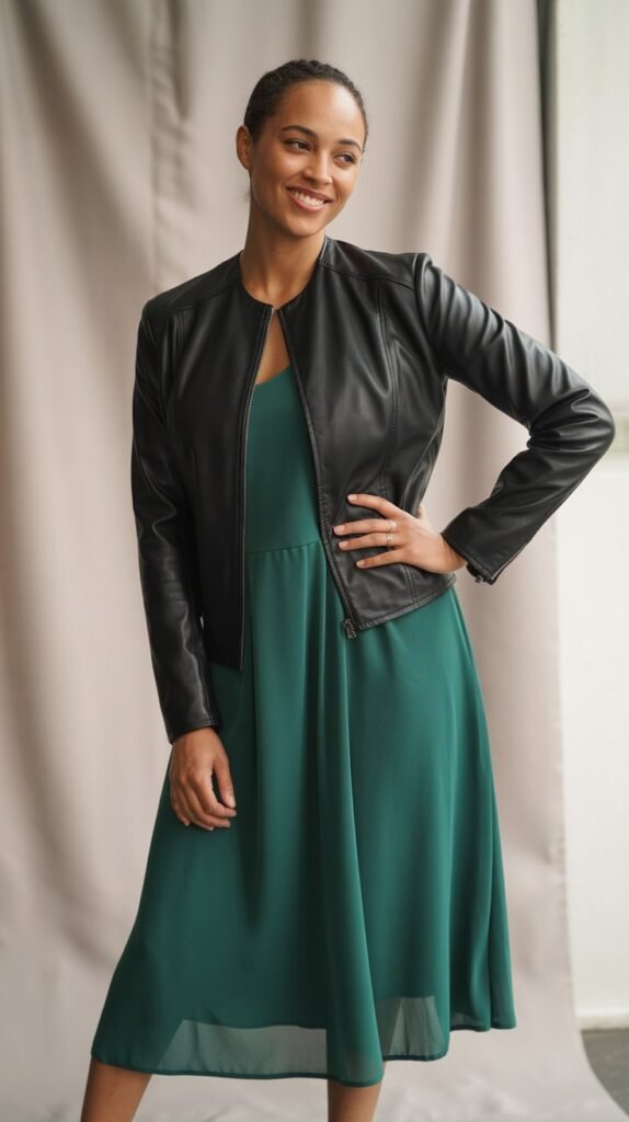 2. Leather Jacket with Midi Dress