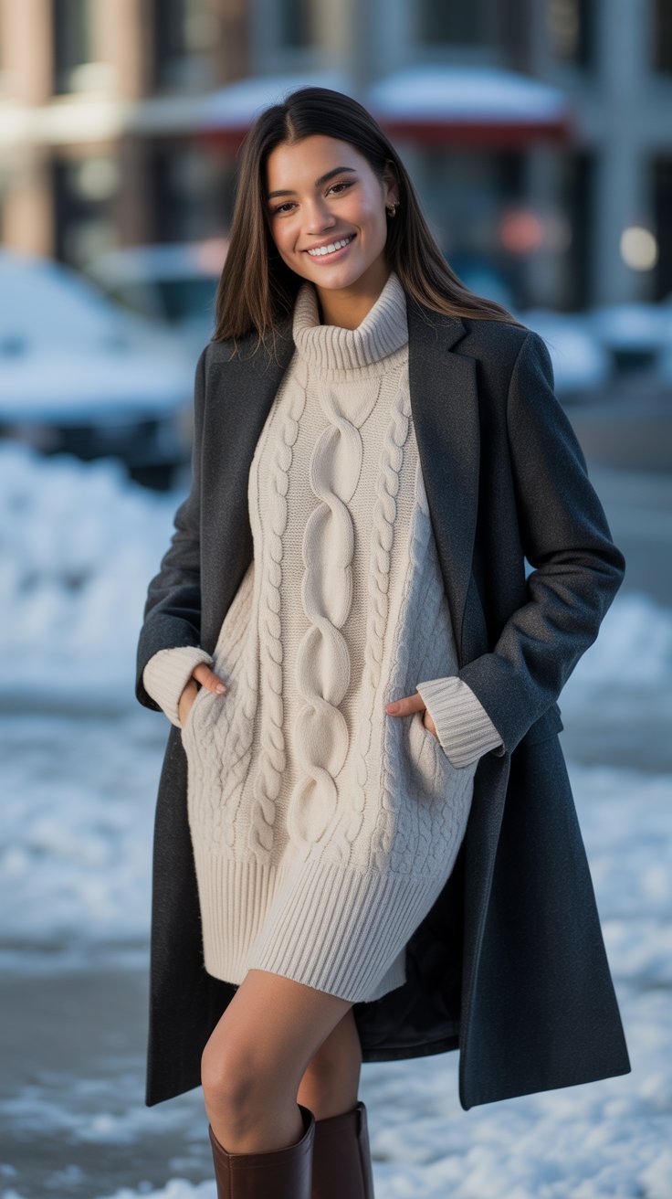 Sweater Dress with Knee-High Boots and Coat