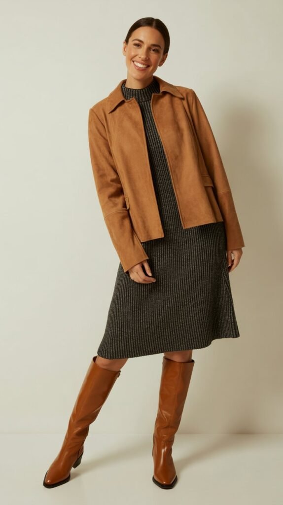 Suede Jacket with Knit Dress and Tall Boots