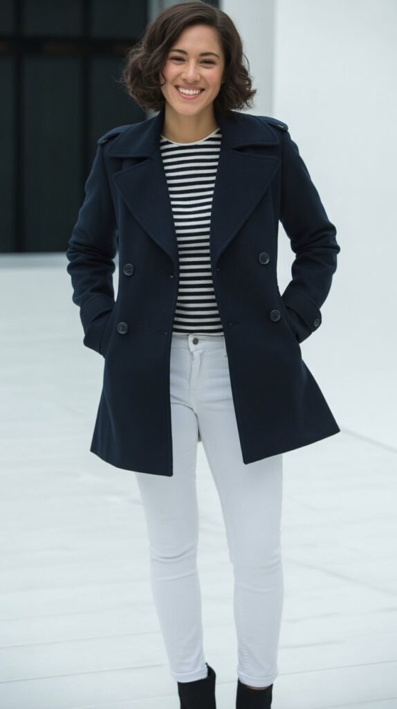 Peacoat with Striped Shirt and White Jeans