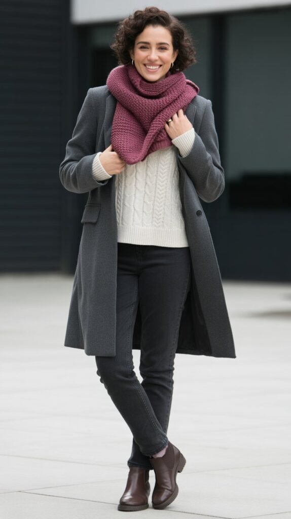 Wool Coat with Sweater, Jeans, and Scarf