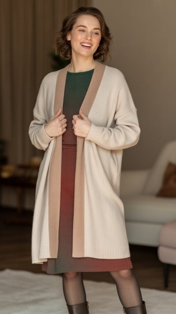 Long Cardigan over Dress with Tights