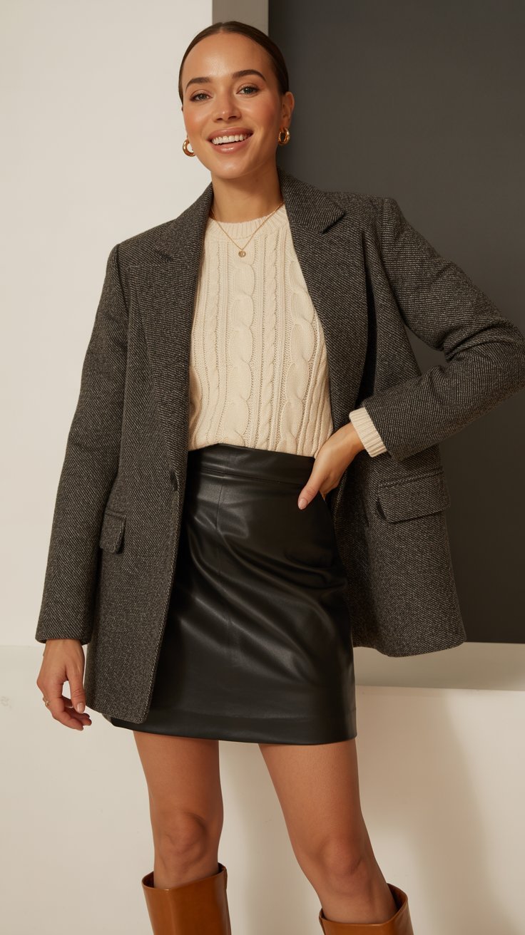  Blazer with Sweater and Leather Skirt