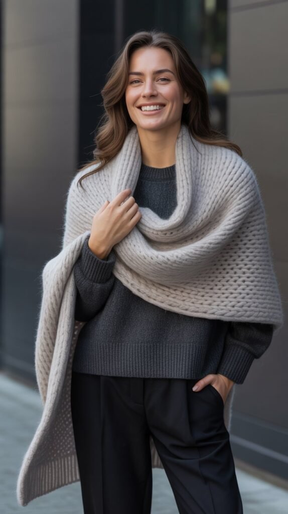 Oversized Scarf as a Shawl with Monochrome Base