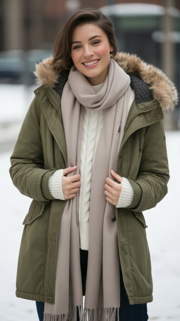 Olive Green Parka with Neutral Layers
