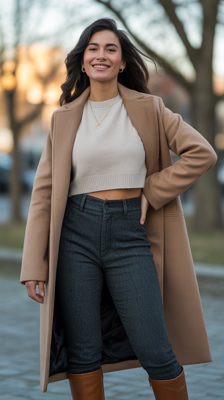 Crop Sweater with High-Waisted Pants and Coat
