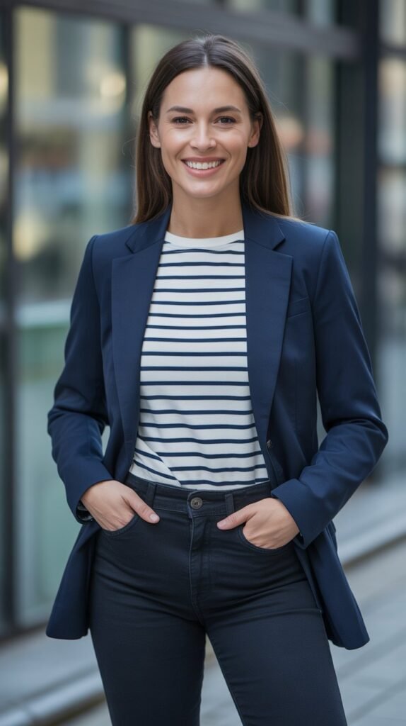 Navy Blazer with Striped Shirt and Jeans