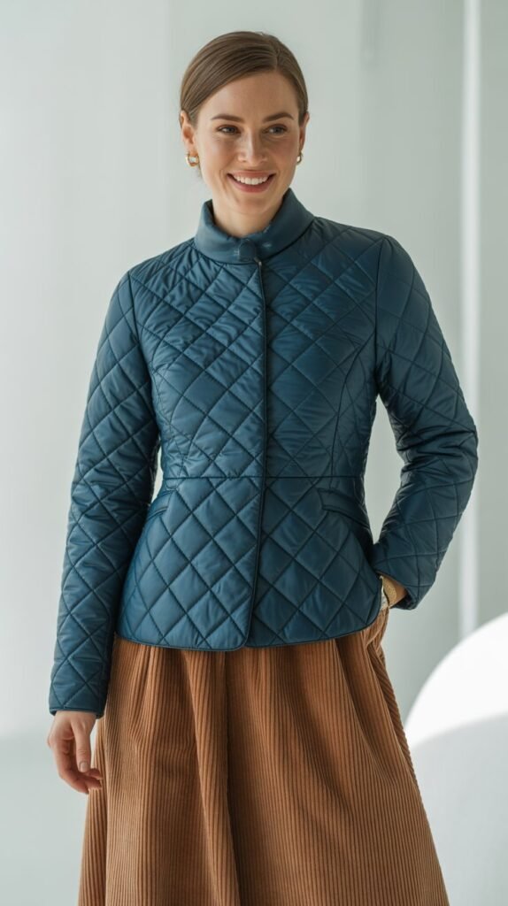 Quilted Jacket with Mock Neck and Corduroy Skirt