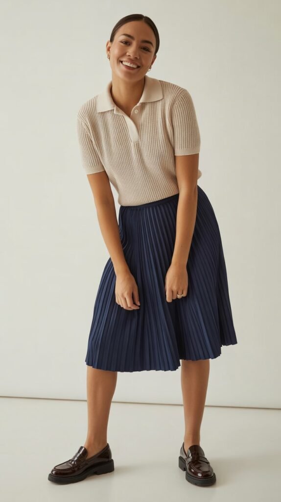 Knit Polo with Pleated Skirt and Loafers