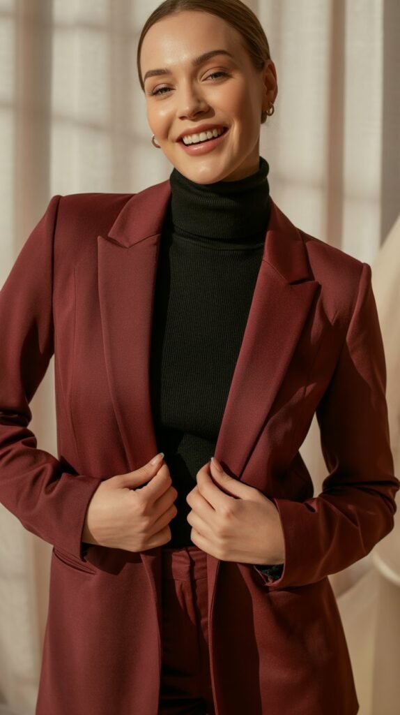 Burgundy Blazer with Black Turtleneck
