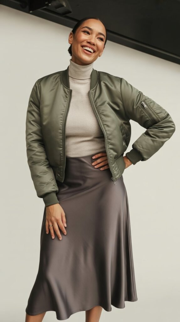 Bomber Jacket with Midi Skirt and Turtleneck