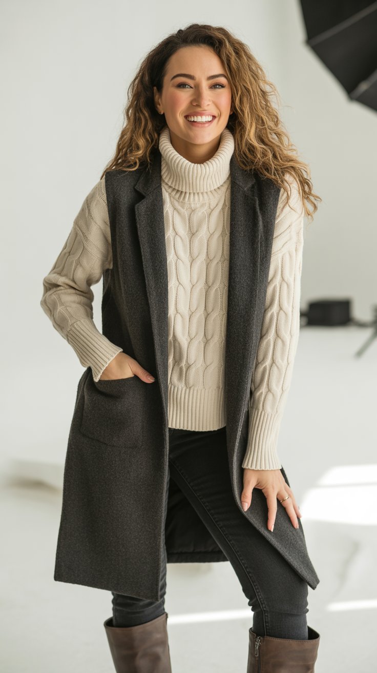 Longline Vest with Turtleneck and Jeans