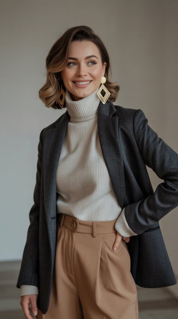 Statement Earrings with Turtleneck and Blazer