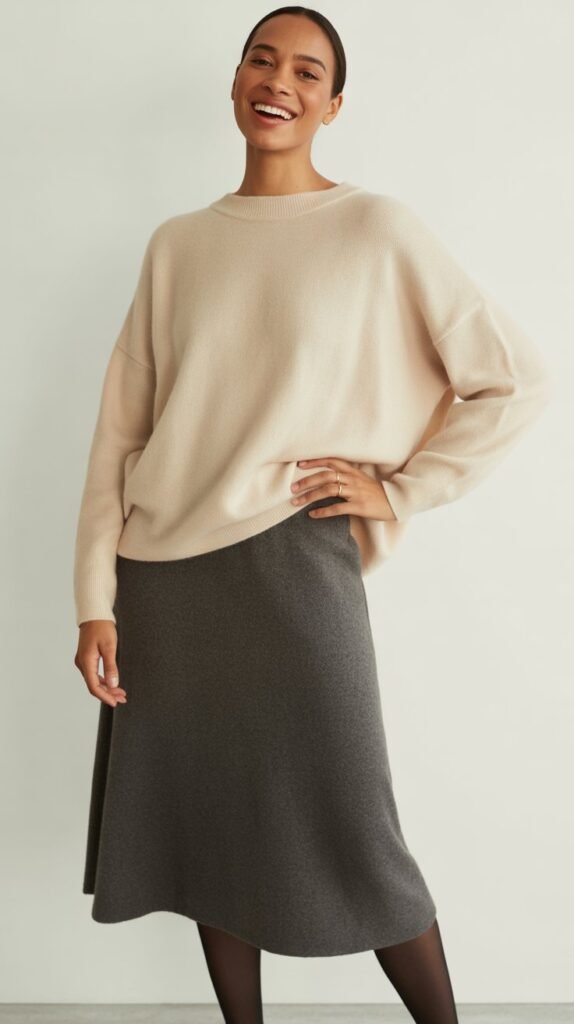 Cashmere Sweater with Midi Skirt and Tights