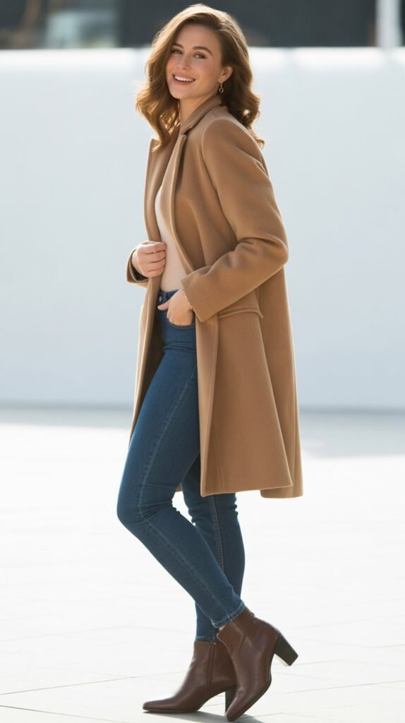 Camel Coat with Jeans and Ankle Boots
