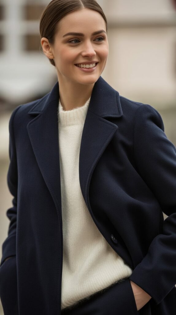 Navy Wool Coat with Cream Sweater