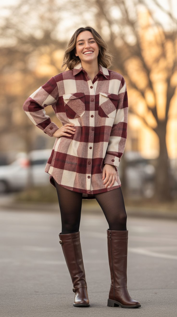Flannel Shirt Dress with Tights and Boots