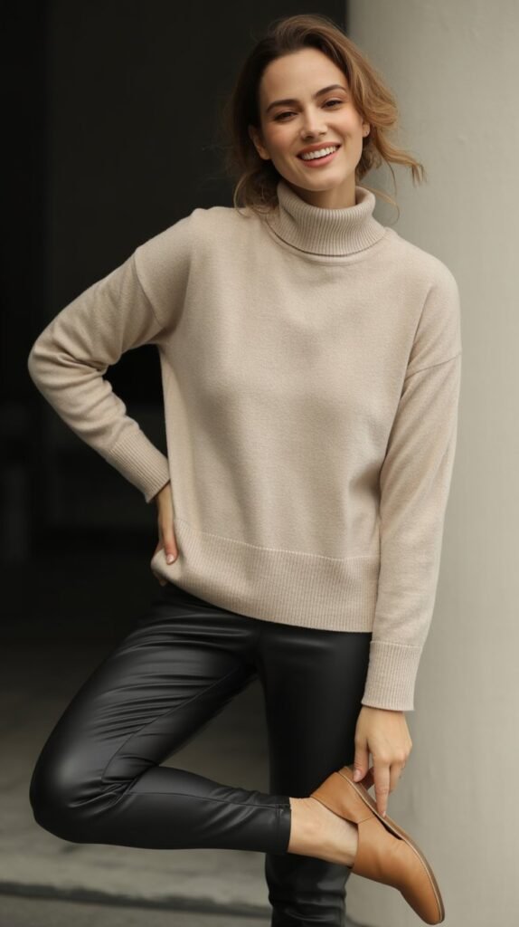 Mock Neck Sweater with Leather Leggings and Mules