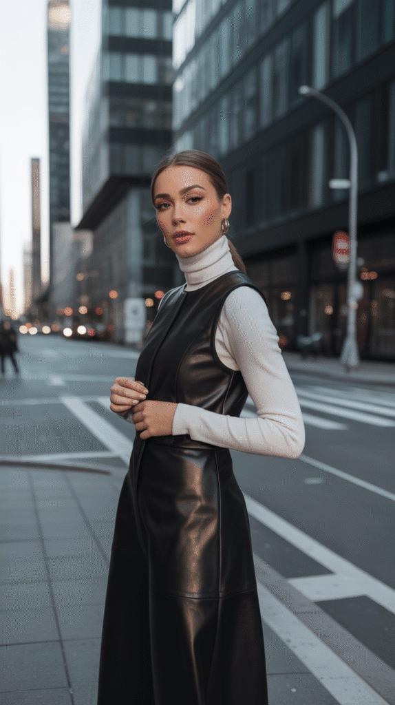 24 Elegant Winter Dress Outfits for Women for Every Occasion 9 Leather Dress with Turtleneck Layer