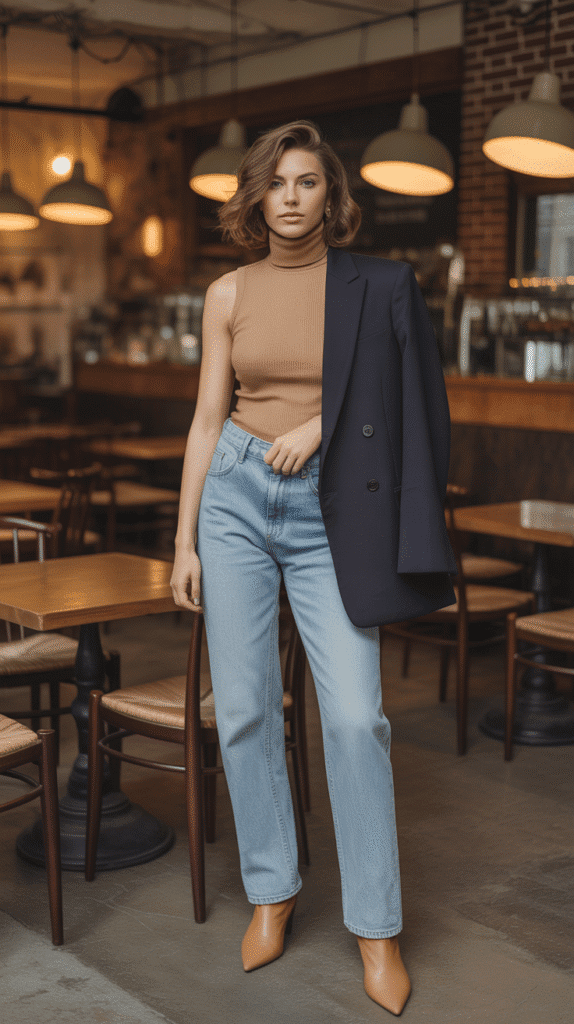 32 Casual Fall Outfits for Women with Jeans 3 Light-Wash Jeans with Camel Turtleneck