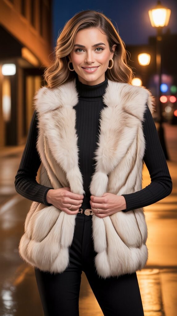 Faux Fur Vest Over Long-Sleeve Top
