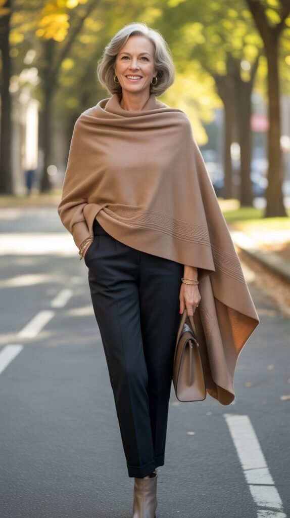 Cashmere Poncho Over Slim Bottoms