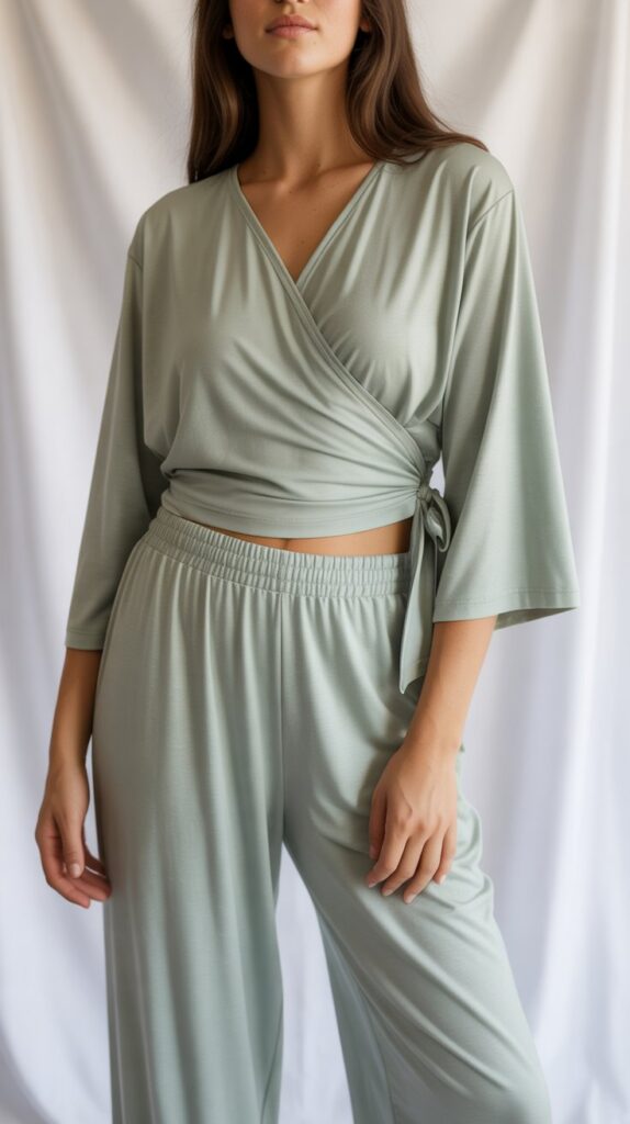 33 Chic Self Care Sunday Outfit Ideas to Dress to Impress 19 Wrap Top with Coordinating Lounge Pants