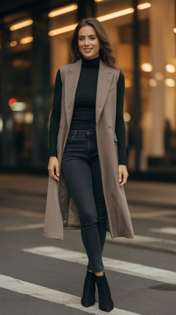 Longline Vest with Turtleneck and Jeans