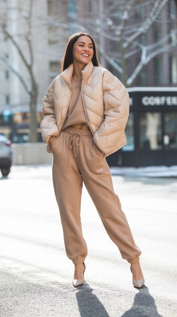 Quilted Jacket with Joggers and Heels