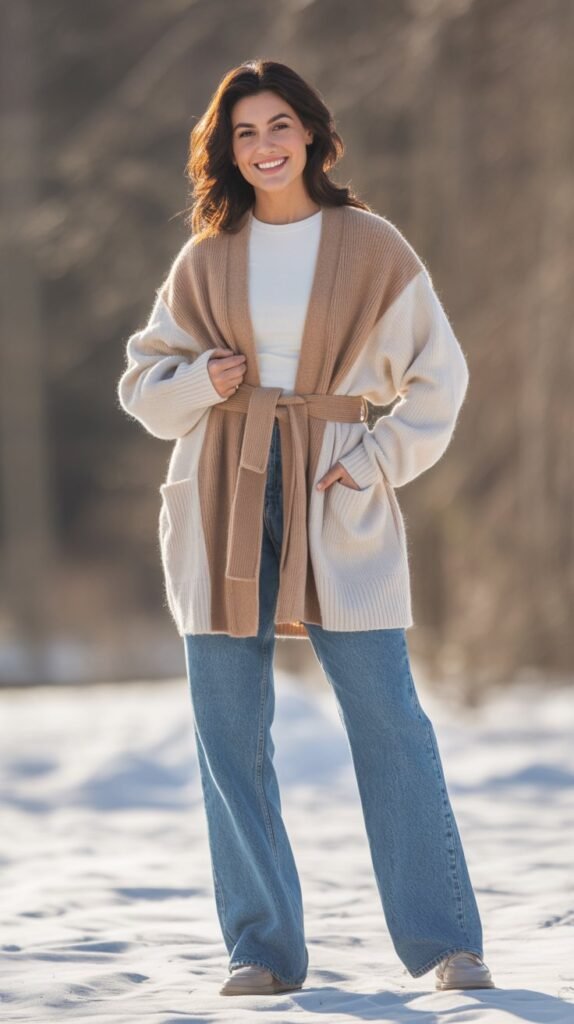  Belted Cardigan with Straight-Leg Jeans
