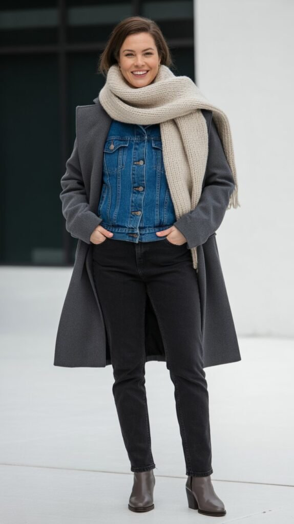 Denim Jacket Layered Under Coat with Scarf
