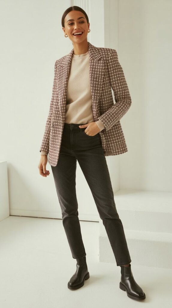 Plaid Blazer with Jeans and Chelsea Boots