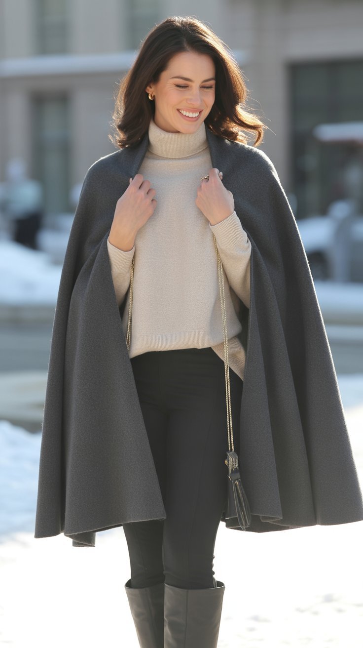 Cape Coat with Fitted Clothing Underneath