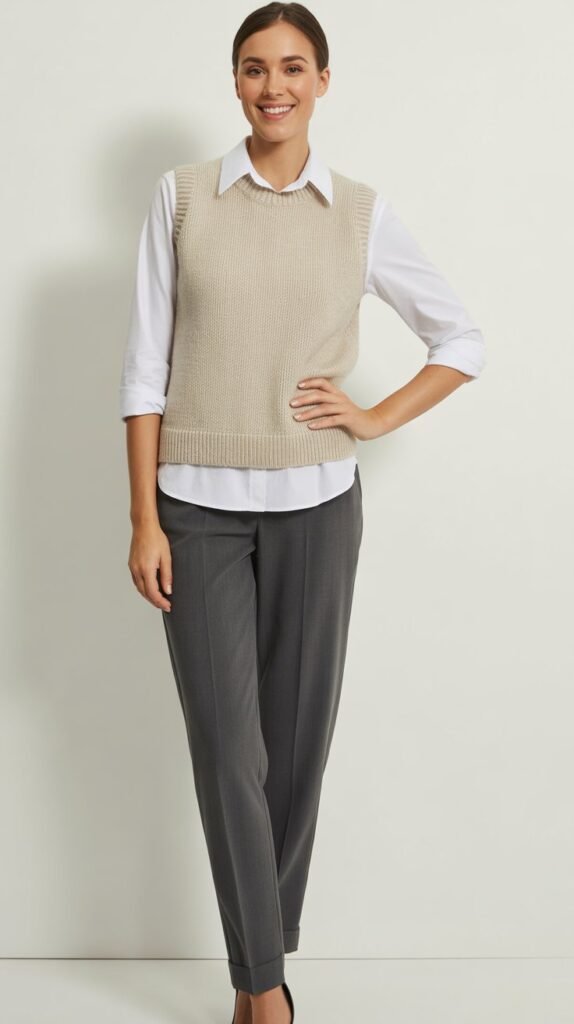 Sweater Vest with Button-Down and Tapered Pants
