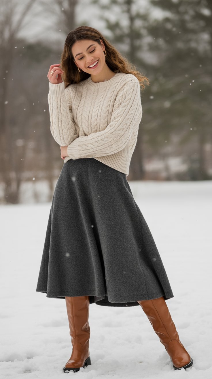 Wool Skirt with Sweater and Tall Boots