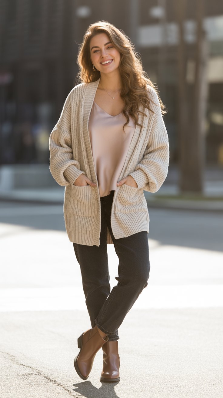 Chunky Cardigan Over Camisole and Jeans