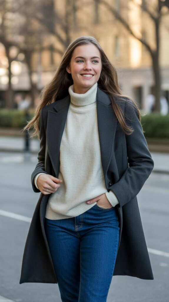 Classic Wool Coat with Turtleneck and Jeans
