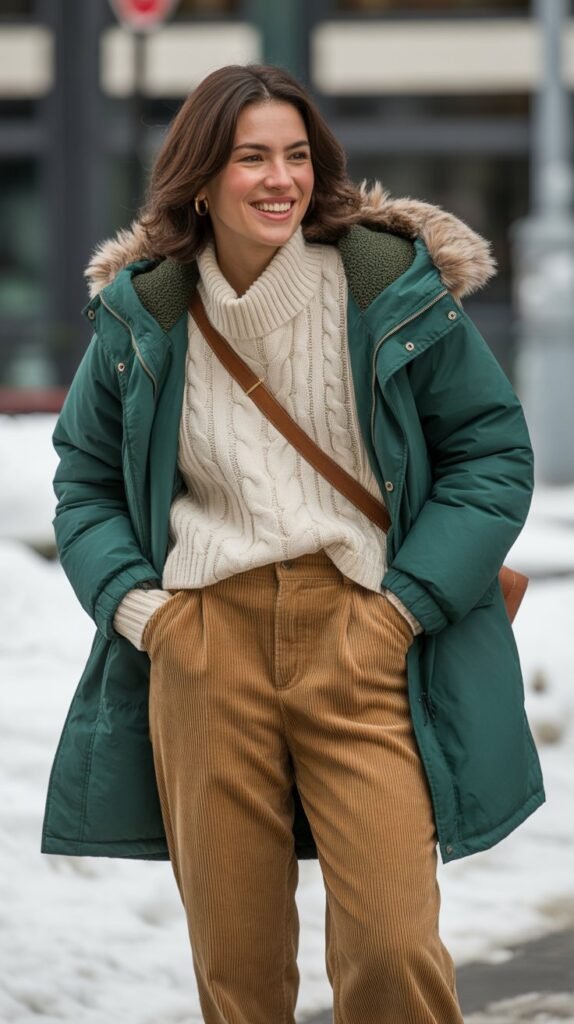  Parka with Sweater and Corduroy Pants