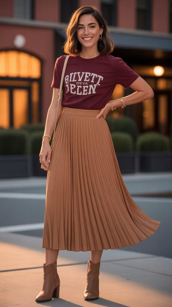 Graphic Tee with Pleated Midi Skirt