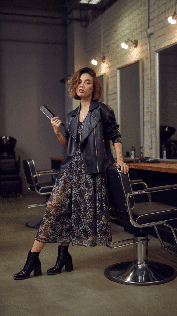 27 Stylish Hairstylist Outfits for Work in Winter 14 Faux Leather Jacket with Midi Dress